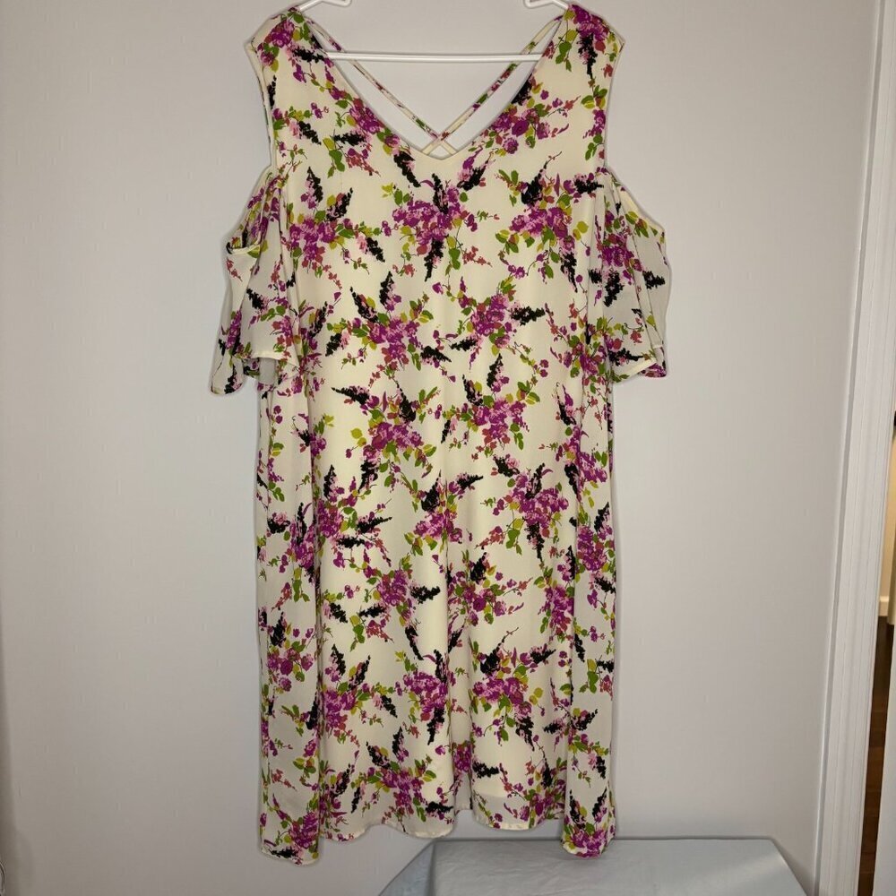 BOBEAU Cold Shoulder Shift Dress Lined Ivory Pink Sz 2X Ruffle Sleeve Open Back
